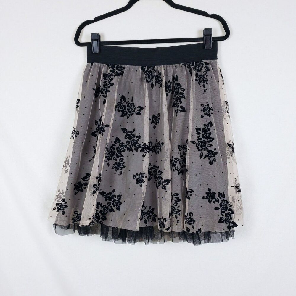 Whimsigoth Mesh Velvet Burnout Skirt Womens M Black Beige Mini Length Tulle